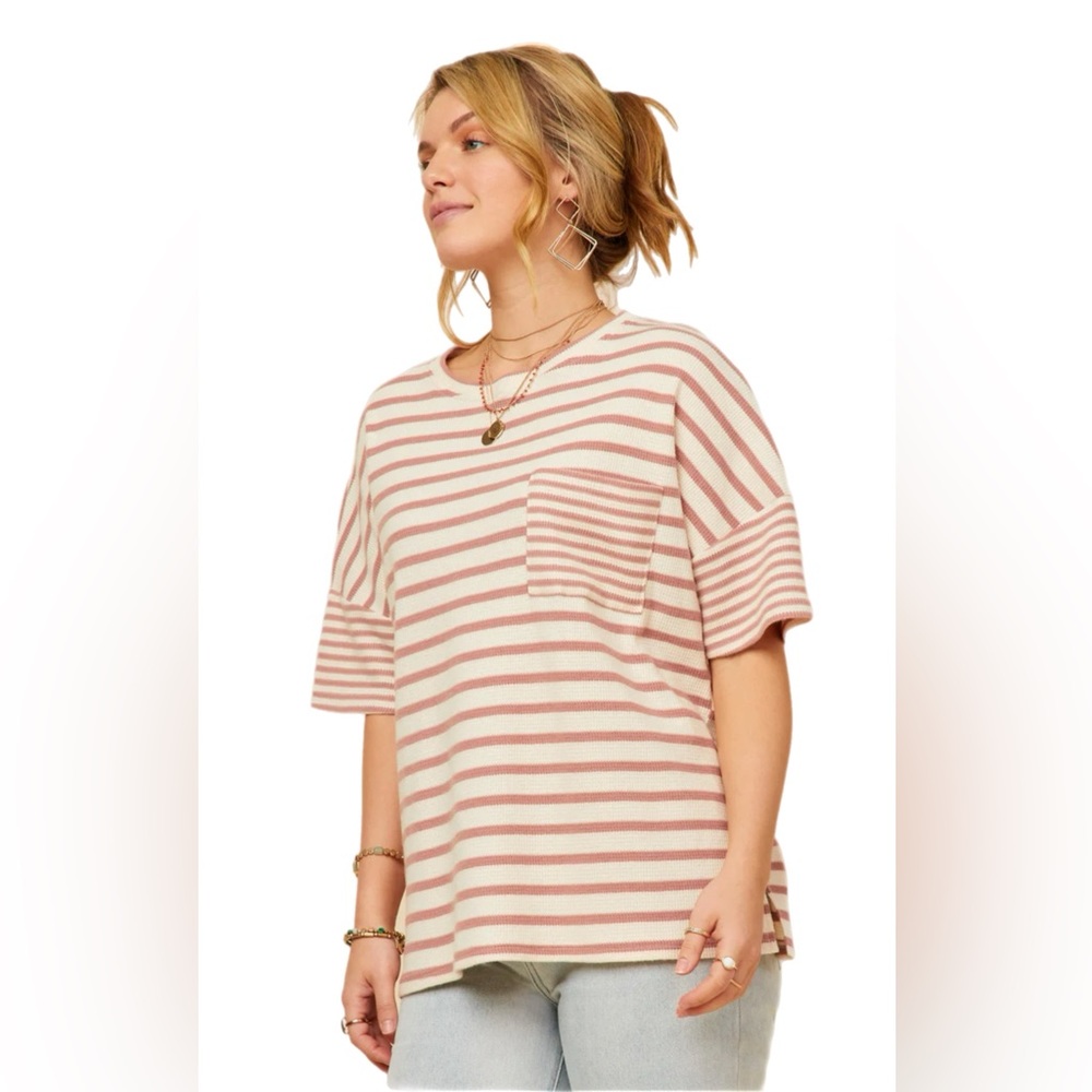 Hayden Los Angeles Waffle Textured Mixed Stripe Oversize Knit Tee Size 3XL